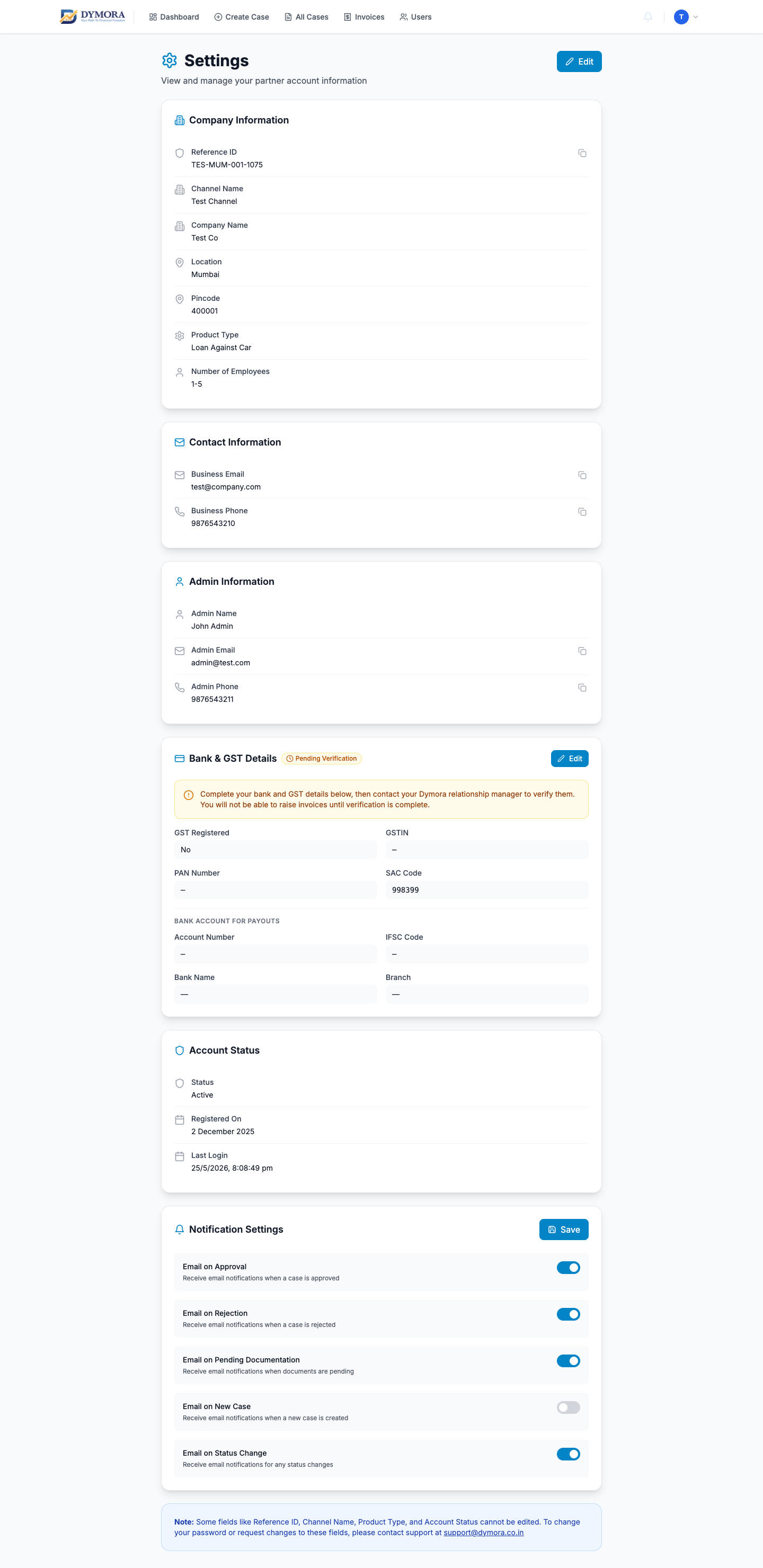 Settings page